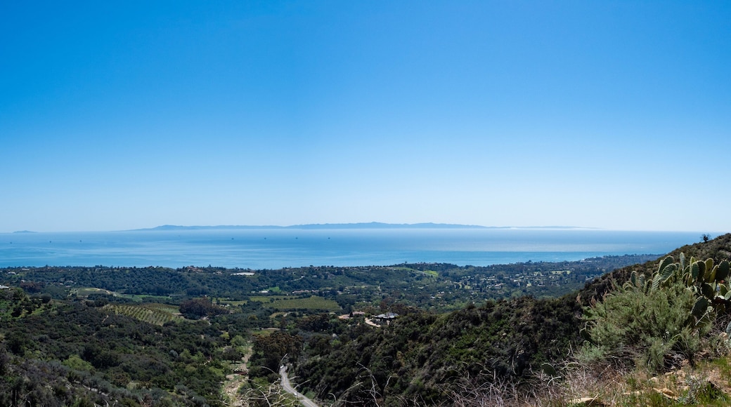 Panoramic view of Montecito, Pacific Ocean and Channel Islands from Old Romero Canyon Trail in Montecito, California near Santa Barbara on a clear, sunny spring day with prickly pear cactus