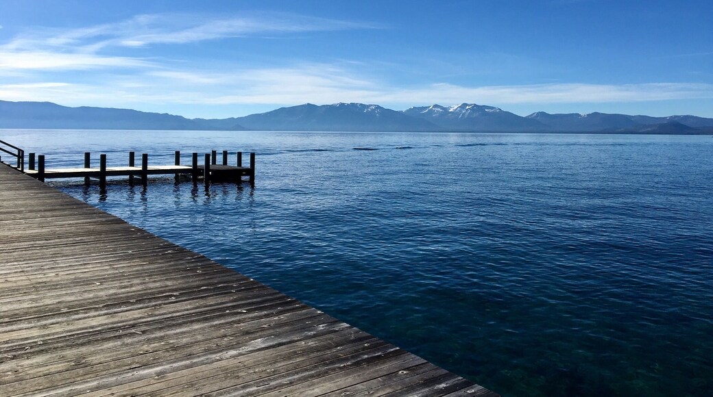 Early morning view from the pier at Sugar Pine Point State Park. There's still a little bit of snow on the distant mountain range around South Lake and Desolation Wilderness. The throngs of tourists are on their way for the summer season, but luckily for me... no one is around today. #LakeTahoe #Hiking #CAStateParks #BeachBound #Camping #Pattern