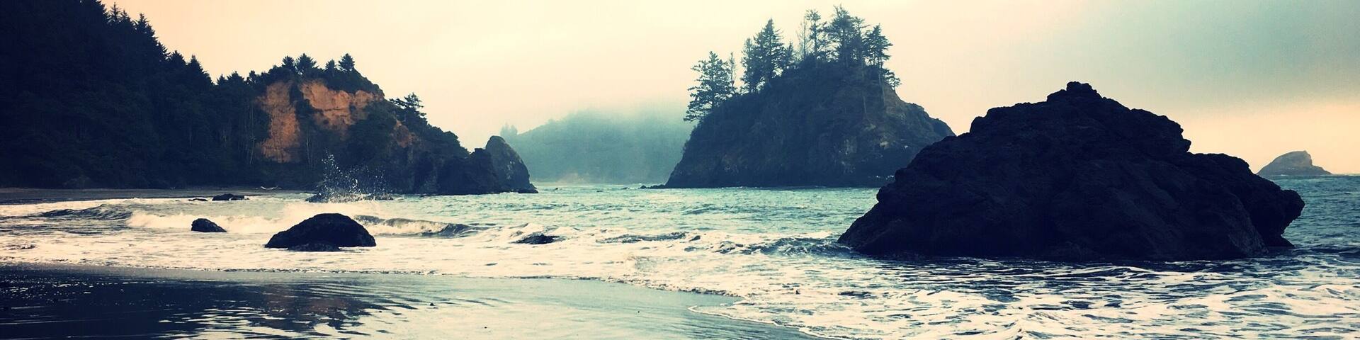 Just north of Trinidad State Beach
I’ve lived in Northern Humboldt County for about three years and College Cove Beach is one of my top five places to hang out in #MyBackyard. Low tide allows tide-pooling at the northern- and southern-most ends of the beach, and during high-surf storms, the trail north of the beach provides a great view of the blowhole.