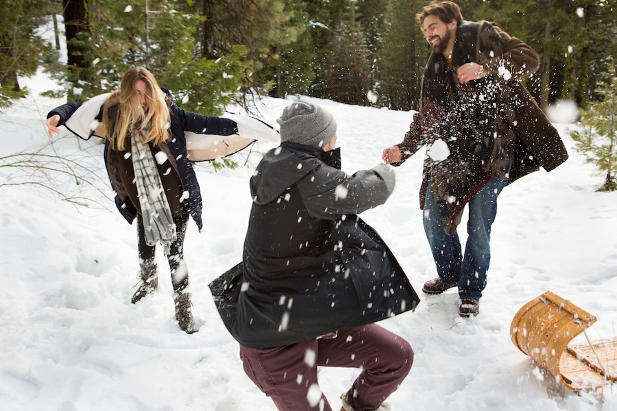 Young woman and mid adult men having snowball fight in winter forest, Twain Harte, California, USA