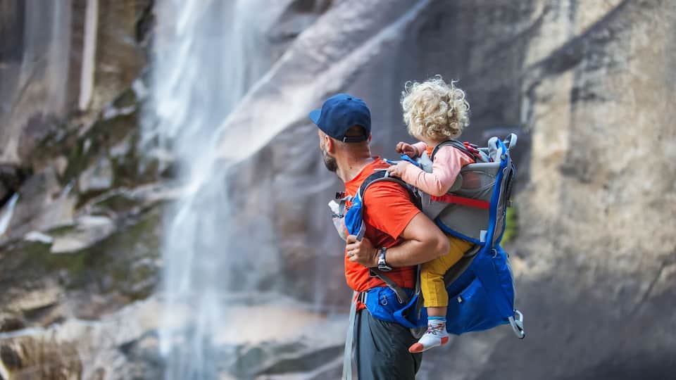 A person carrying a child on their back with a backpack, standing in front of a waterfall.