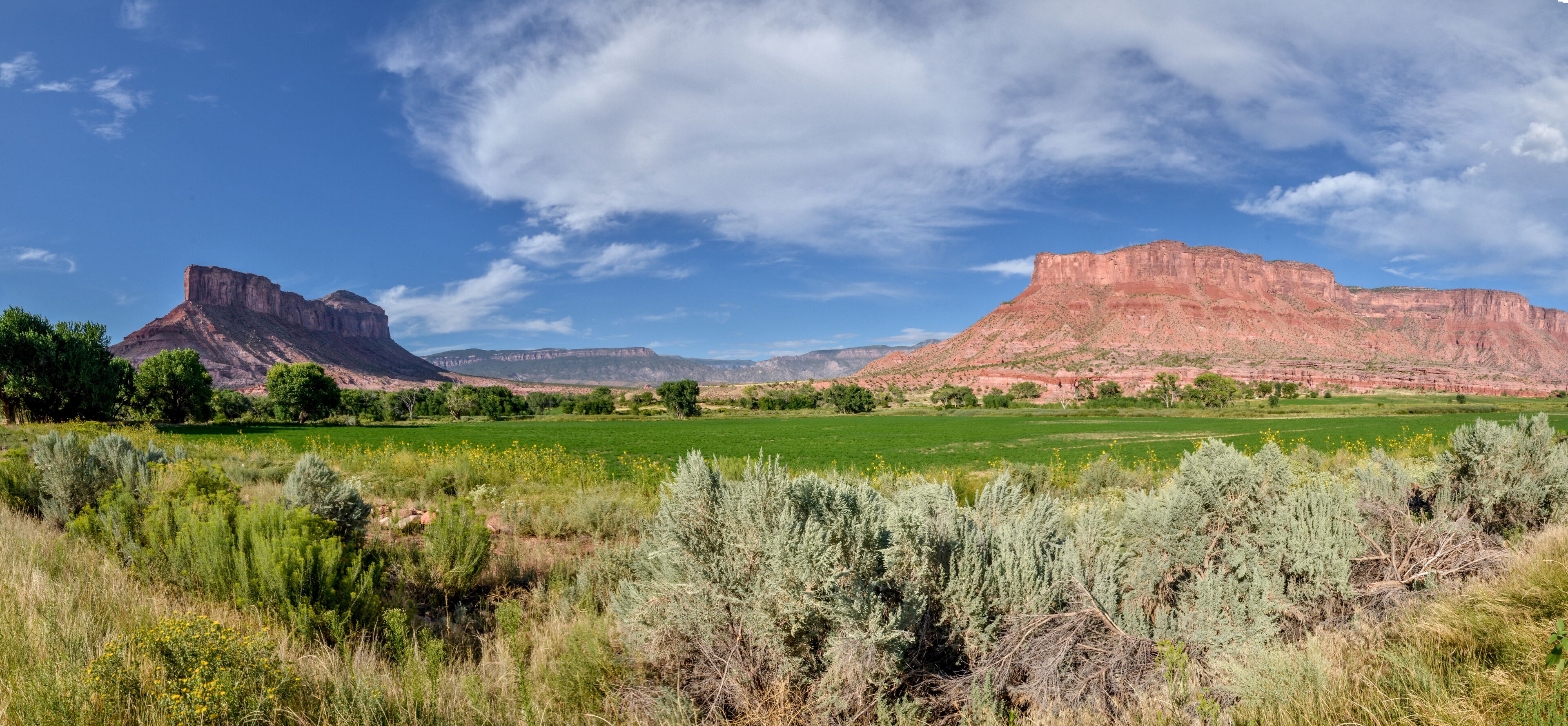 panoramic view of The Palisade butte and Dolores river valley at the crossing of Unaweep and Mesa Canyons
Unaweep-Tabeguache scenic byway, Gateway, Mesa County, Colorado, USA