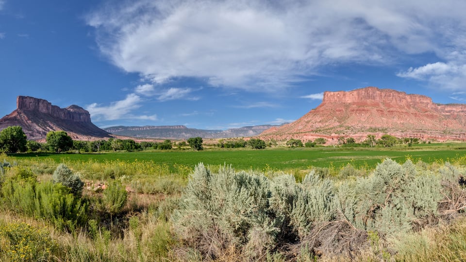 A mountainous landscape with green fields and sparse vegetation.