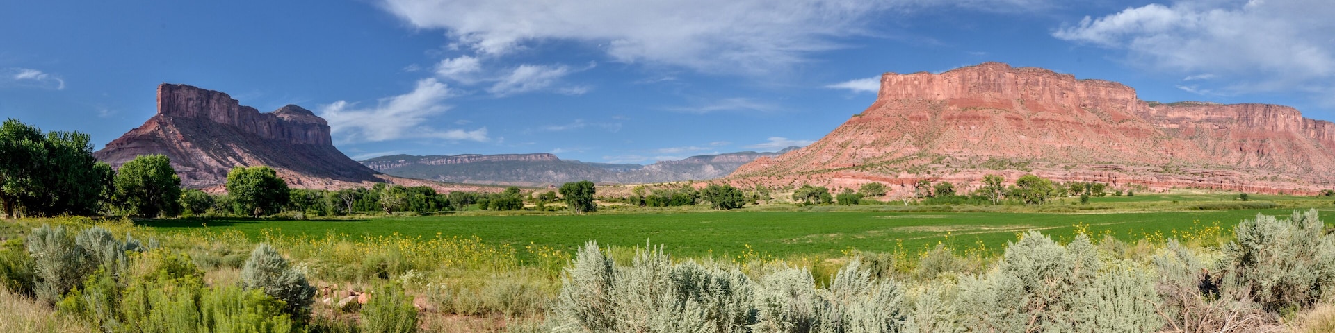 panoramic view of The Palisade butte and Dolores river valley at the crossing of Unaweep and Mesa Canyons
Unaweep-Tabeguache scenic byway, Gateway, Mesa County, Colorado, USA