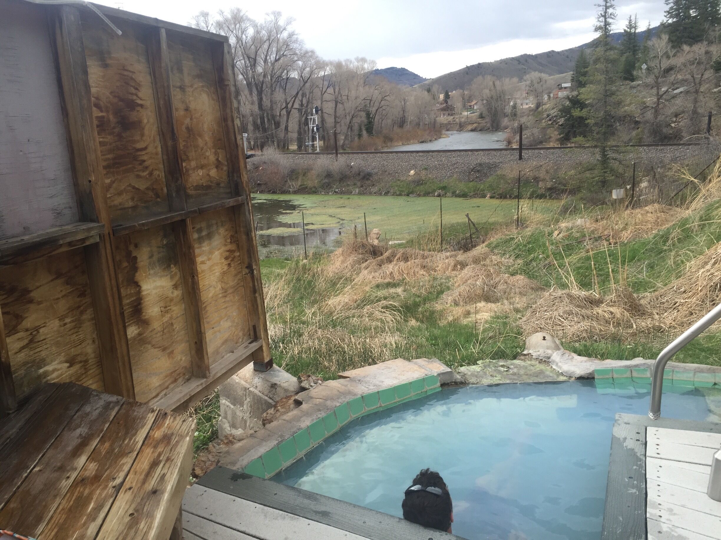 Hot springs down by the river by the railroad tracks. 