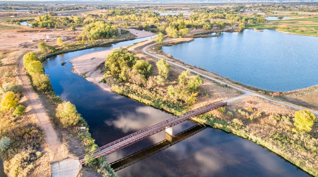 South Platte River with bike trails below Denver in northern Colorado, aerial view
