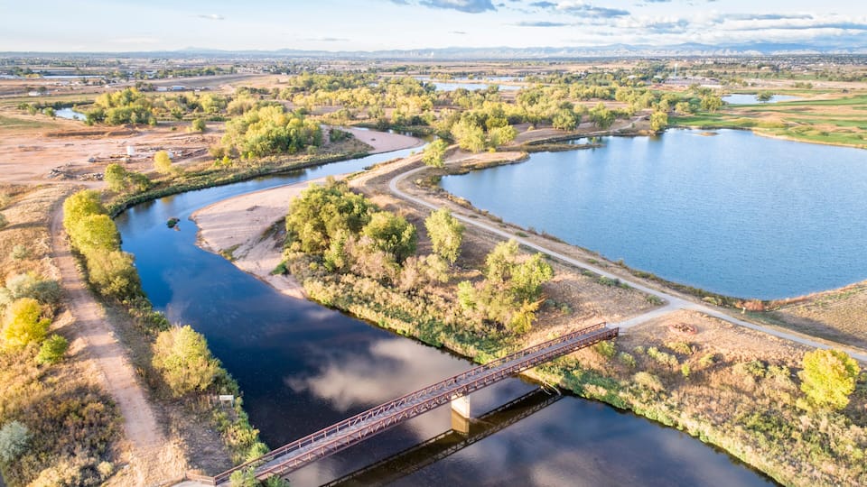 South Platte River with bike trails below Denver in northern Colorado, aerial view