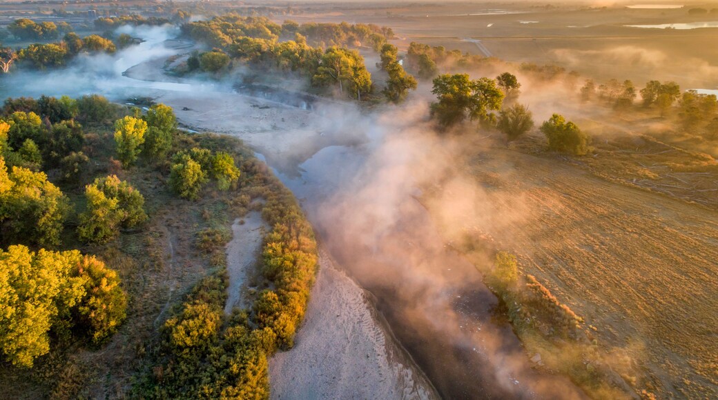 morning fog over South Platte River below Denver in northern Colorado -aerial view