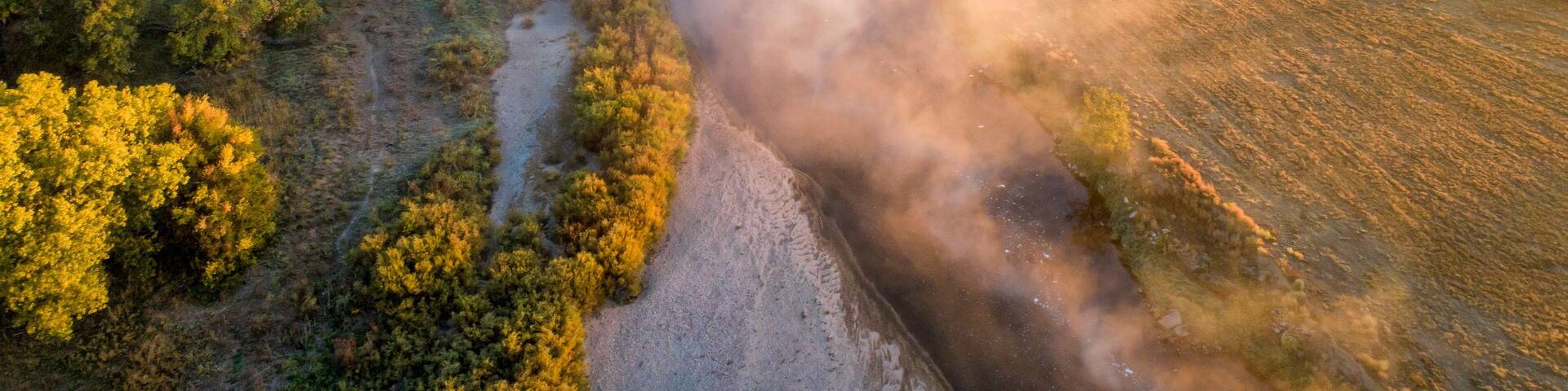 morning fog over South Platte River below Denver in northern Colorado -aerial view
