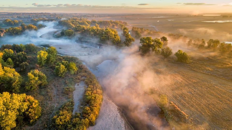 morning fog over South Platte River below Denver in northern Colorado -aerial view