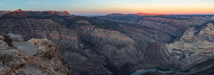 Last light on the desert mountains above the beautiful river canyons of Dinosaur National Monument at sunset.
