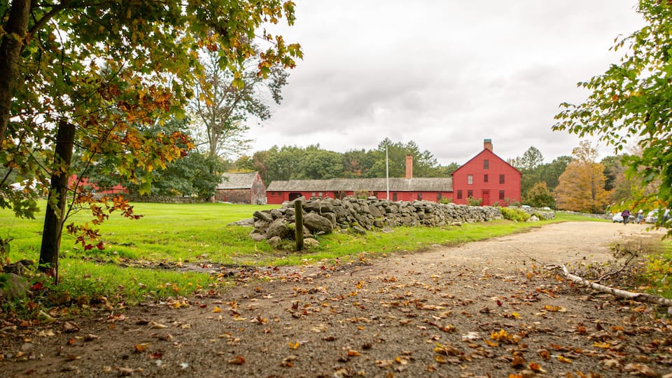 A red barn, stone wall, and grassy field.