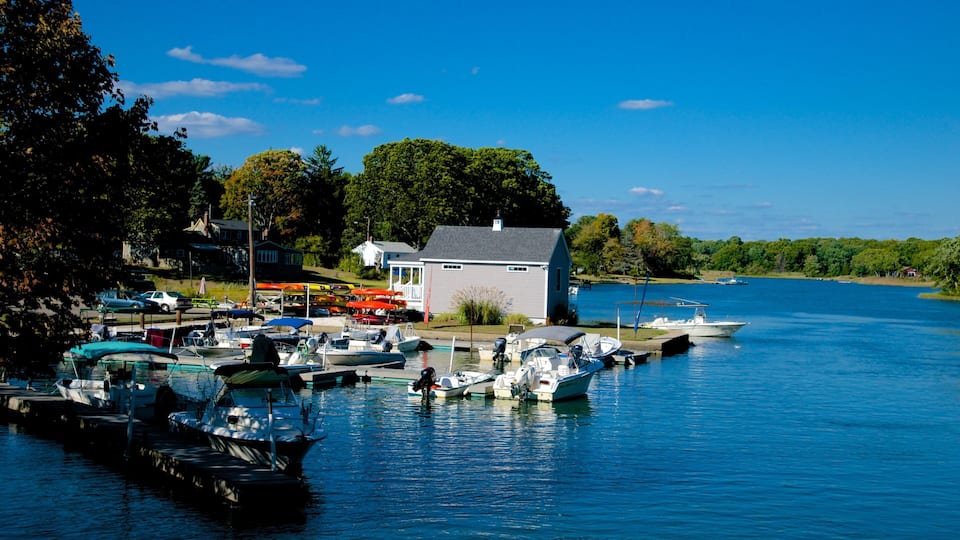 A marina with boats docked, a small white house, and a forested shoreline.