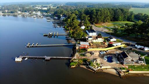 The aerial view of the waterfront homes with a private dock near Millsboro, Delaware, U.S.A