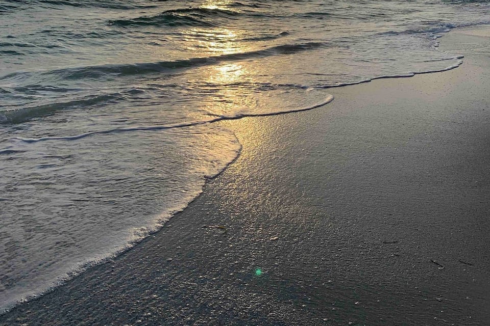 A beach with waves, a pier, and the sun setting in the background.