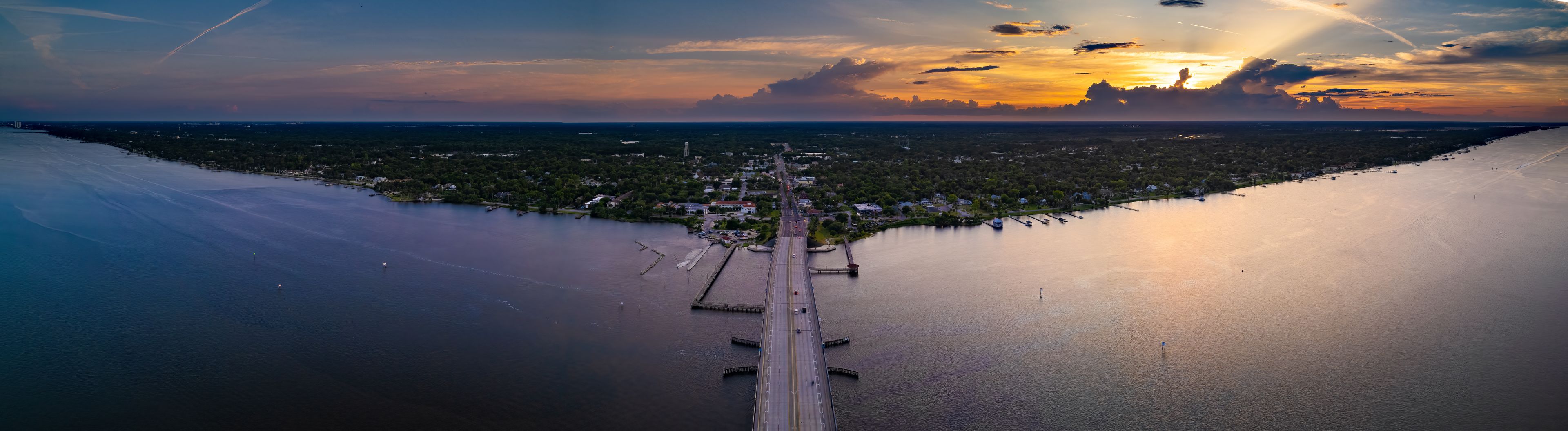 Aerial panorama of Ormond Beach, Florida, over the Halifax River