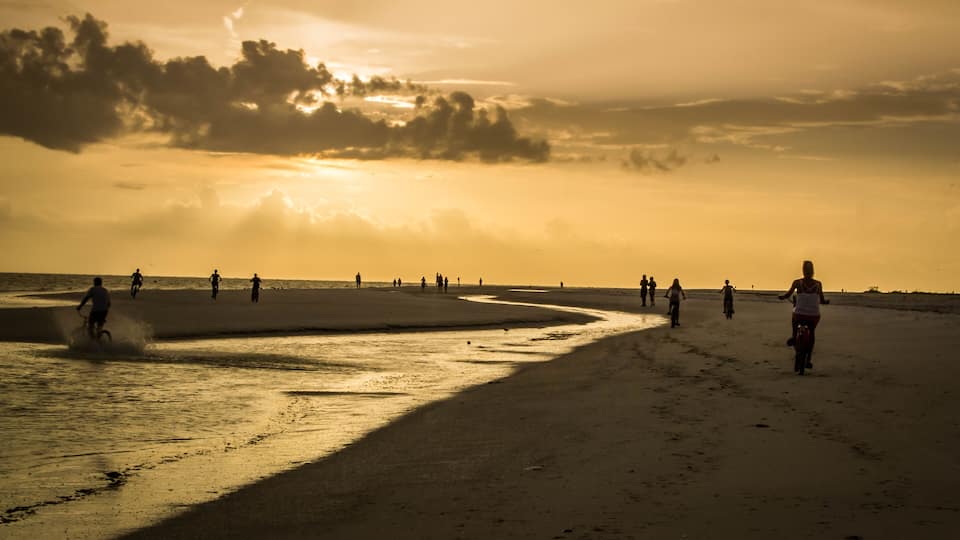 A beach at sunset with people walking and riding bicycles.