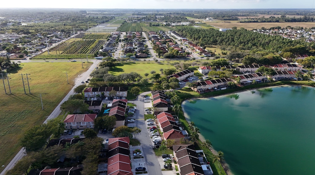 Aerial view of a suburban community and lake in South Miami-Dade