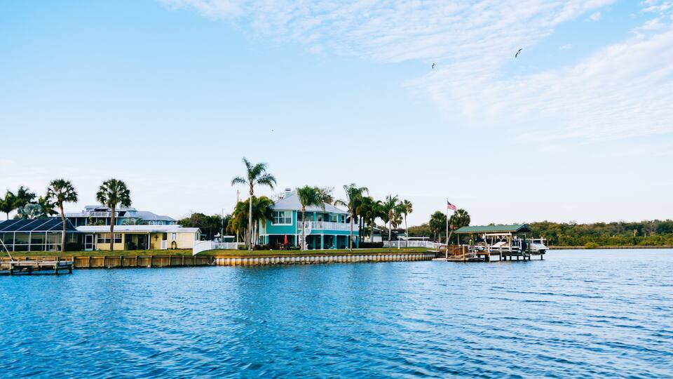 A waterfront property with a house, dock, and palm trees.