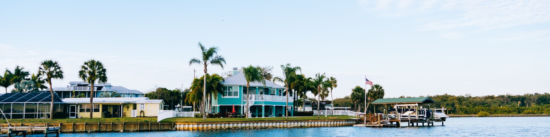 Riverview, Florida, USA - 02 10 2022: River view house and dock along Little Manatee River