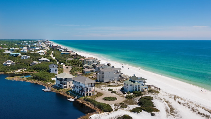 Santa Rosa Beach showing a coastal town and a sandy beach