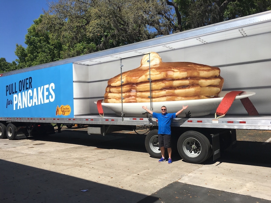 Stopped at Cracker Barrel at largest RV dealer Lazydaz, in America and there was a huge pancake for a fun photo op. Pancakes for the whole community supersized!!