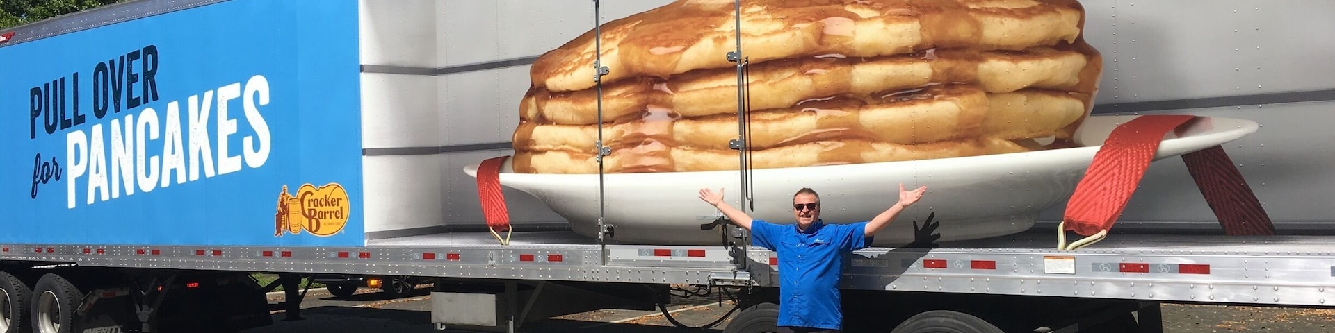 Stopped at Cracker Barrel at largest RV dealer Lazydaz, in America and there was a huge pancake for a fun photo op. Pancakes for the whole community supersized!!