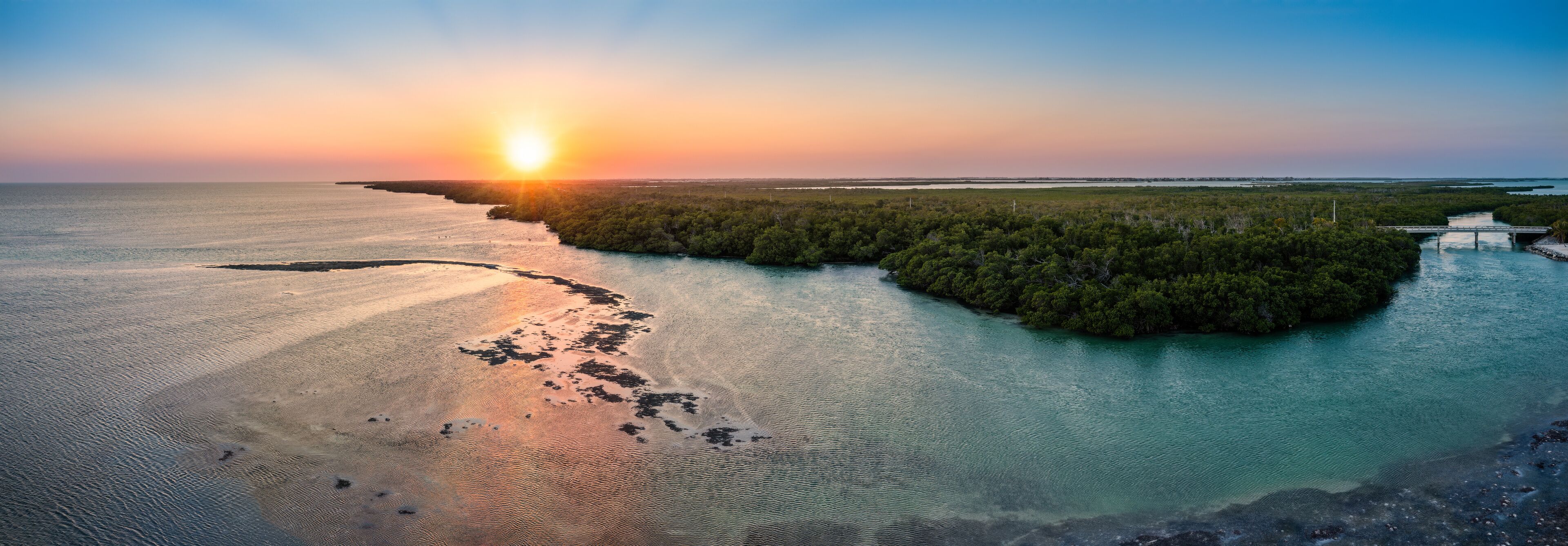 Aerial sunset panorama of Saddlebunch Key, in Florida Keys, Florida.