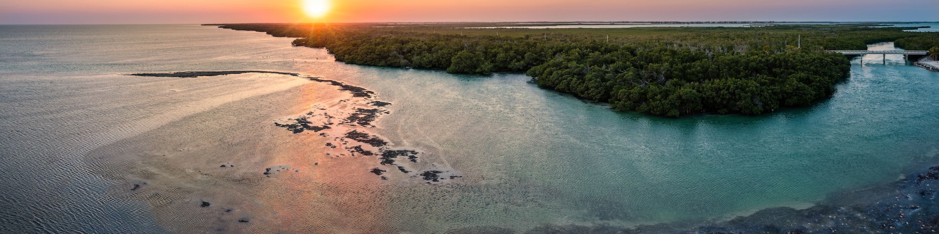 Aerial sunset panorama of Saddlebunch Key, in Florida Keys, Florida.