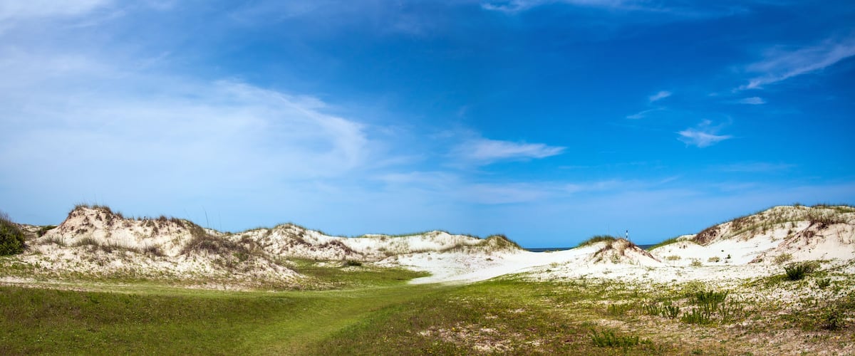 A coastal dune landscape with a clear sky.