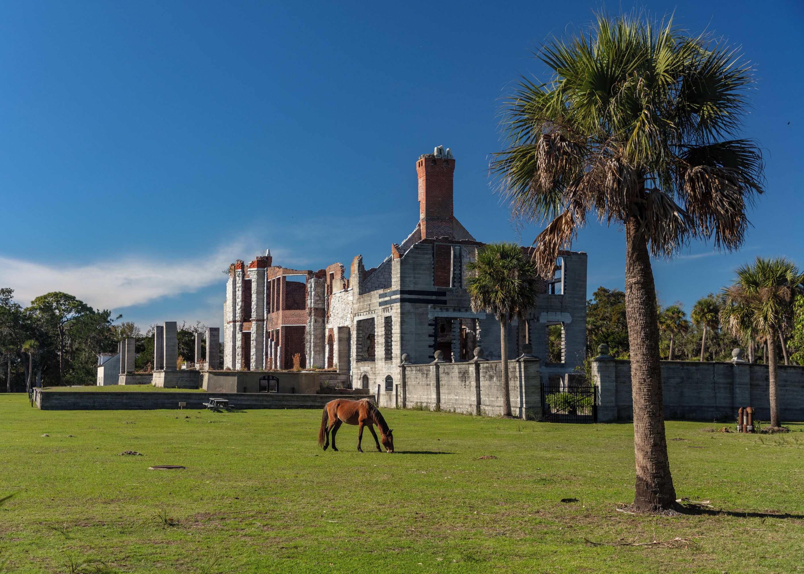 Dungeness on Cumberland Island, Georgia, is a ruined mansion that is part of a historic district that was the home of several families significant in American history. James Oglethorpe first built on Cumberland Island in 1736, building a hunting lodge that he named Dungeness. Oglethorpe named the place after Dungeness, in England. The next Dungeness was the legacy of Revolutionary War hero Nathanael Greene, who had acquired 11,000 acres of island land in exchange for a bad debt. His widow built a four-story tabby mansion in 1803, over a Timucuan shell mound. During the War of 1812 the island was occupied by the British, who used the house as a headquarters.
In 1818 Henry “Light-Horse Harry” Lee, a dashing cavalry commander during the Revolutionary War and father of Robert E. Lee, stayed at the house until his death on March 25, 1818, cared for by Greene's daughter Louisa, and was laid to rest in nearby cemetery with full military honors provided by an American fleet stationed at St. Marys, Georgia. The house was abandoned during the U.S. Civil War and burned in 1866. 
In the 1880s the property was purchased by Thomas M. Carnegie, brother of Andrew Carnegie, who began to build a new mansion on the site. The 59-room Queen Anne style mansion and grounds were completed after Carnegie's death in 1886. His wife Lucy continued to live at Dungeness and built other estates for her children, including Greyfield for Margaret Carnegie, Plum Orchard for George Lauder Carnegie, and Stafford Plantation. By this time, the Carnegies owned 90% of the island.
The Carnegies moved out of Dungeness in 1925. In 1959 the Dungeness mansion was destroyed by fire, alleged to be arson. The ruins are today preserved by the National Park Service as part of Cumberland Island National Seashore. They were acquired by the Park Service in 1972. 
