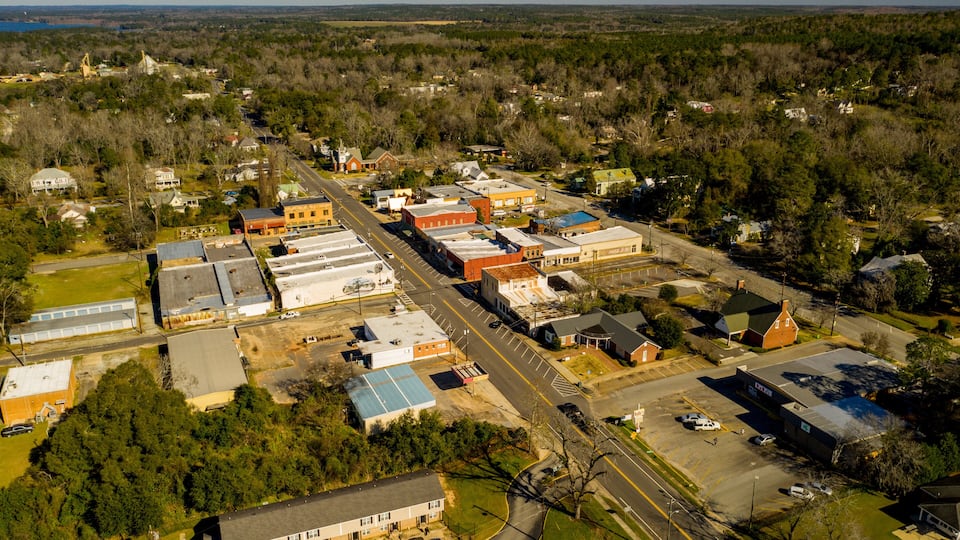 An aerial view of a small town with a mix of residential and commercial buildings, surrounded by greenery and open fields.