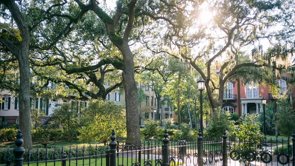 A historic building with large trees and a well-maintained garden.