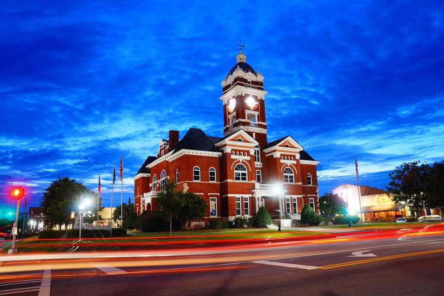 Forsyth, Georgia, USA 07 19 2024: The night landscape of Forsyth city: Forsyth is a city in and the county seat of Monroe County, Georgia, United States.