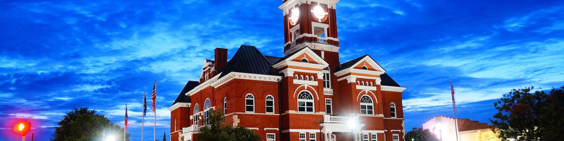 Forsyth, Georgia, USA 07 19 2024: The night landscape of Forsyth city: Forsyth is a city in and the county seat of Monroe County, Georgia, United States.