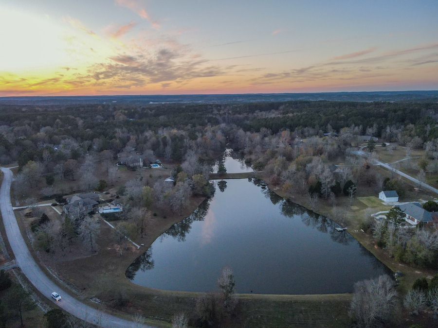 Aerial sunset landscape of forest and suburban neighborhood in Grovetown Augusta Georgia