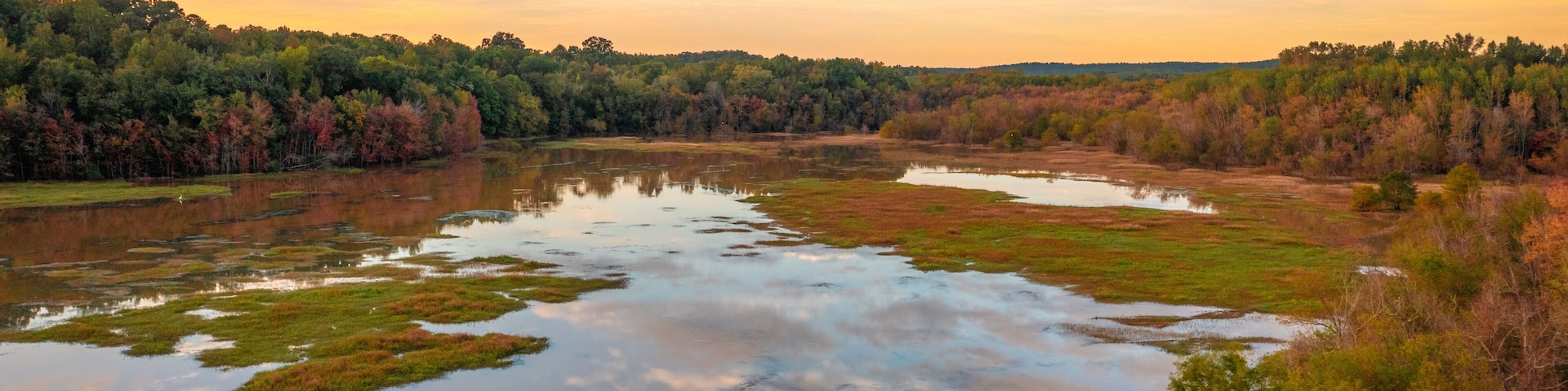 A lake surrounded by trees with autumn foliage.