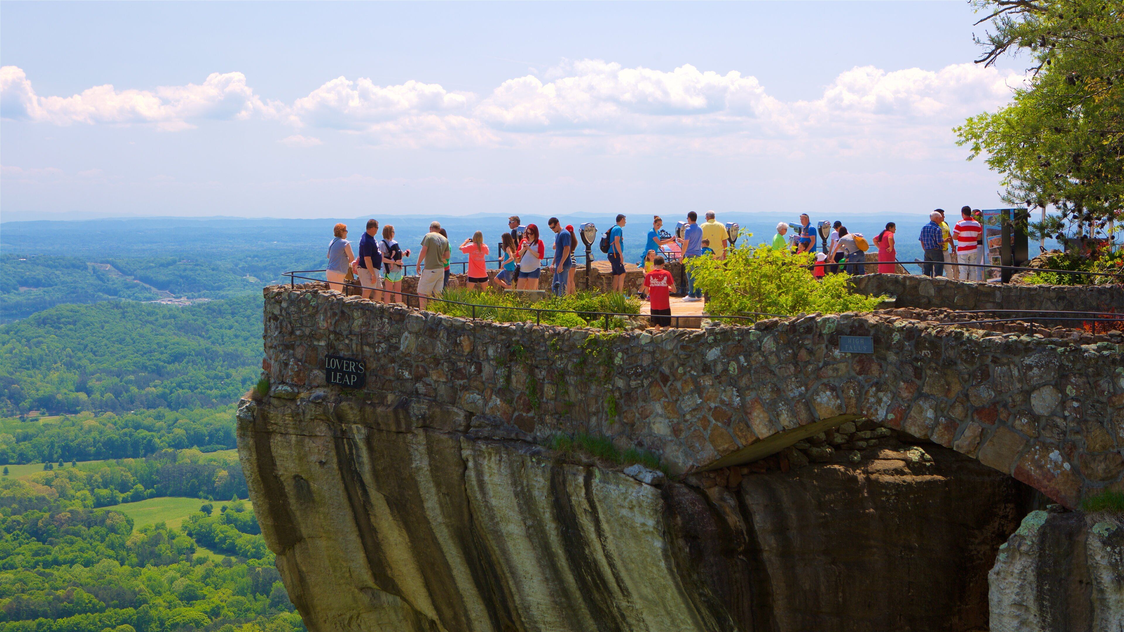Un grupo de personas en una plataforma de piedra con vista a un valle exuberante.