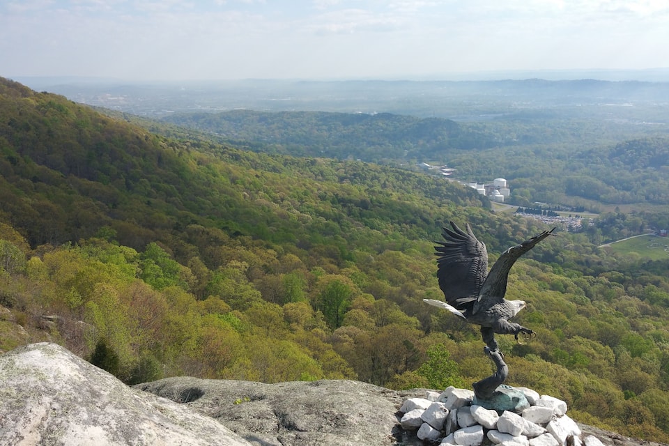 Una statua di un uccello su una roccia, con vista su una valle boscosa e edifici in lontananza.