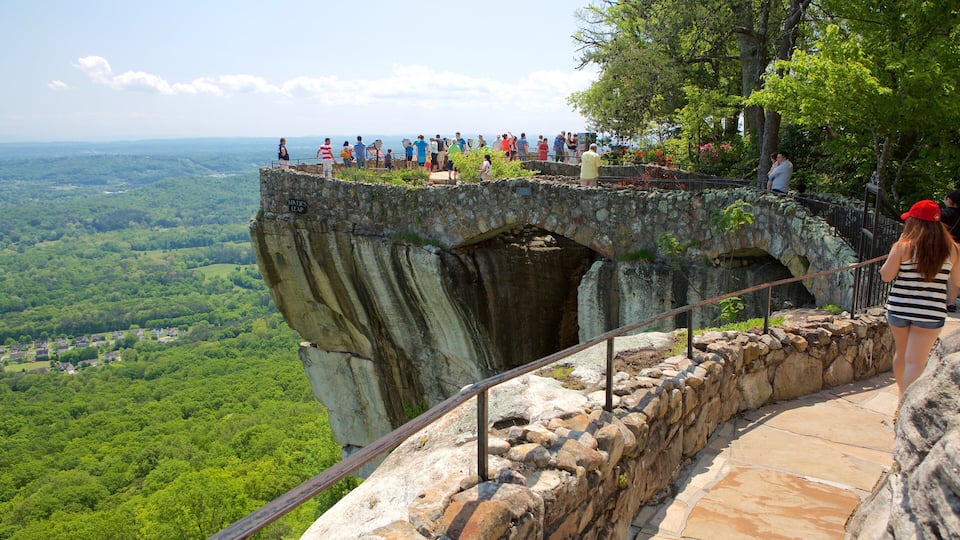 A scenic overlook with a stone platform and railing, overlooking a lush valley.