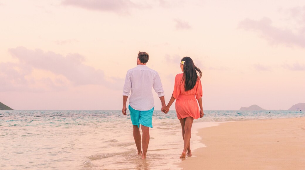 Beach vacation panoramic background romantic walk couple relaxing on Hawaii ocean summer travel destination.