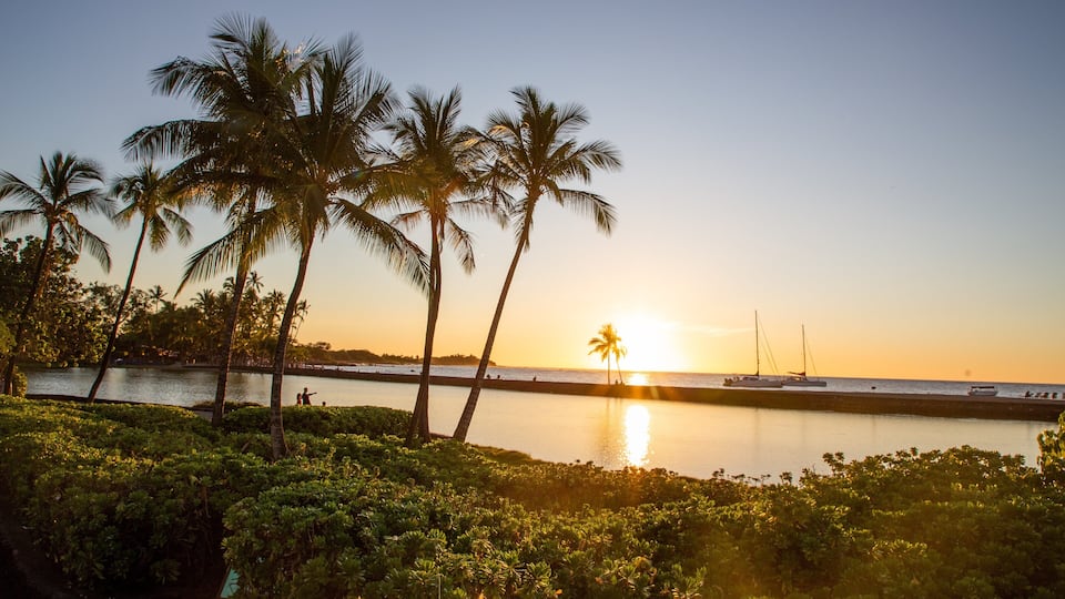 A sunset over a calm body of water with palm trees and boats.