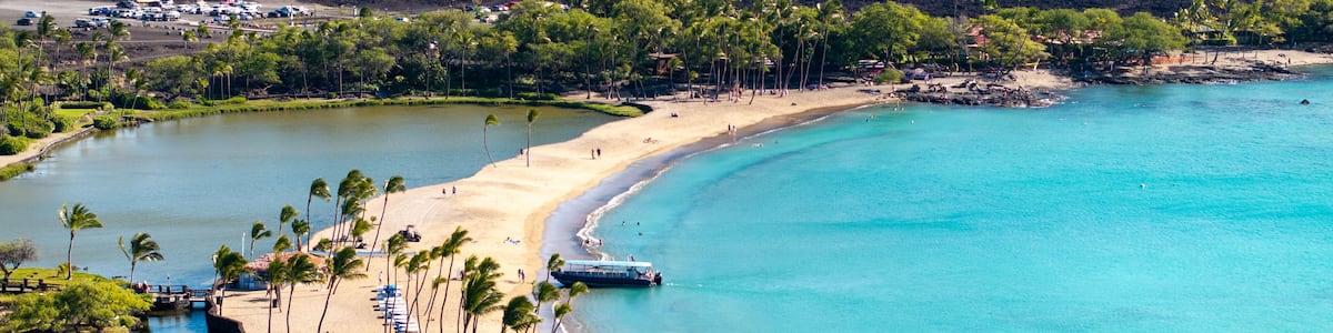 Eine Küstenlandschaft mit Sandstrand, klarem türkisblauem Wasser und einer Reihe von Palmen.