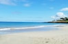 A beach with clear blue water, sandy shore, and a small hill with trees.