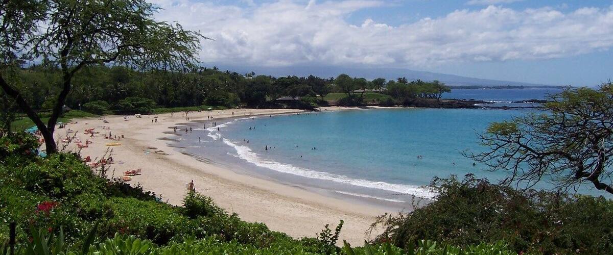 Una playa con aguas turquesas cristalinas, arena dorada y abundante vegetación.