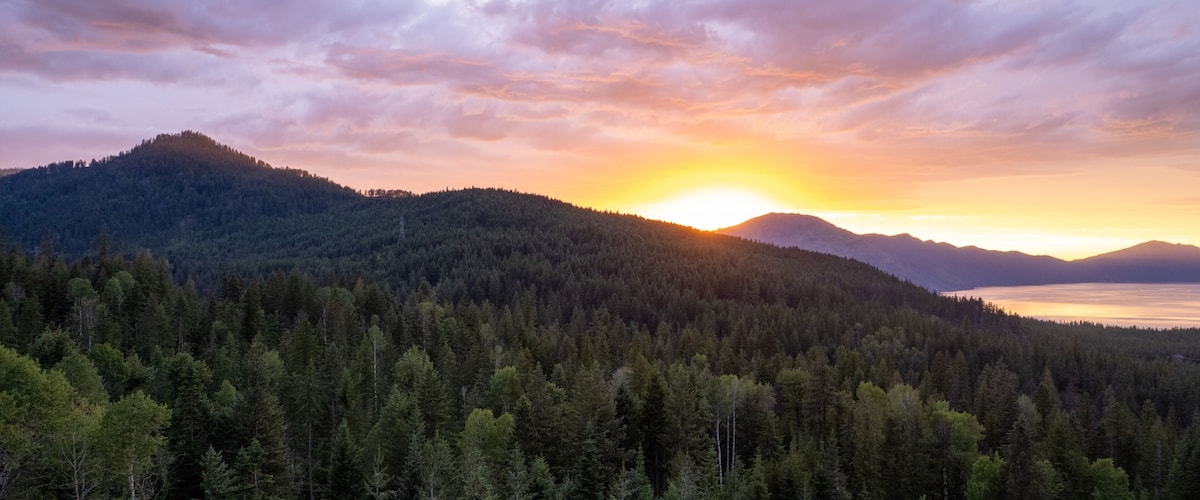 A forested mountain range with a sunset over a body of water.