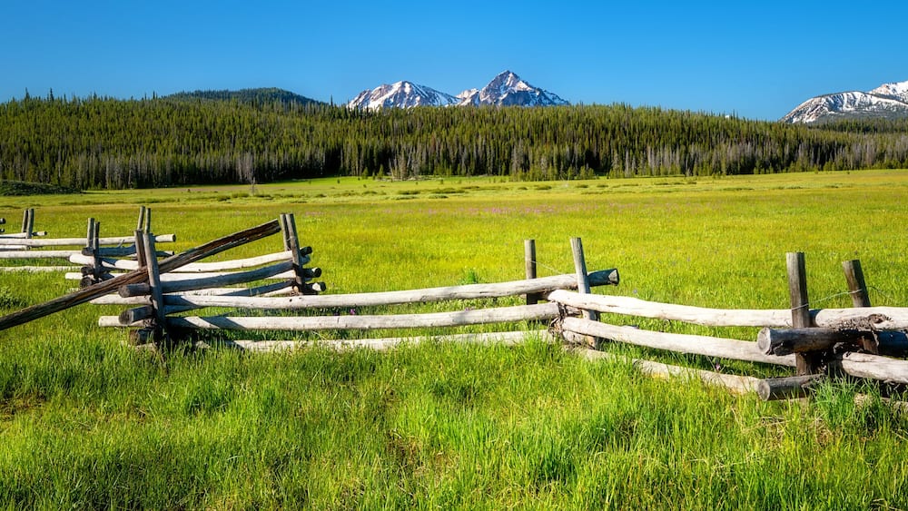 Famous Stanley and Sawtooth log fence in a meadow with mountain range