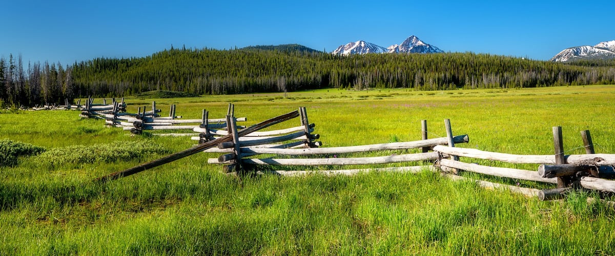 Famous Stanley and Sawtooth log fence in a meadow with mountain range