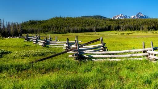 Famous Stanley and Sawtooth log fence in a meadow with mountain range