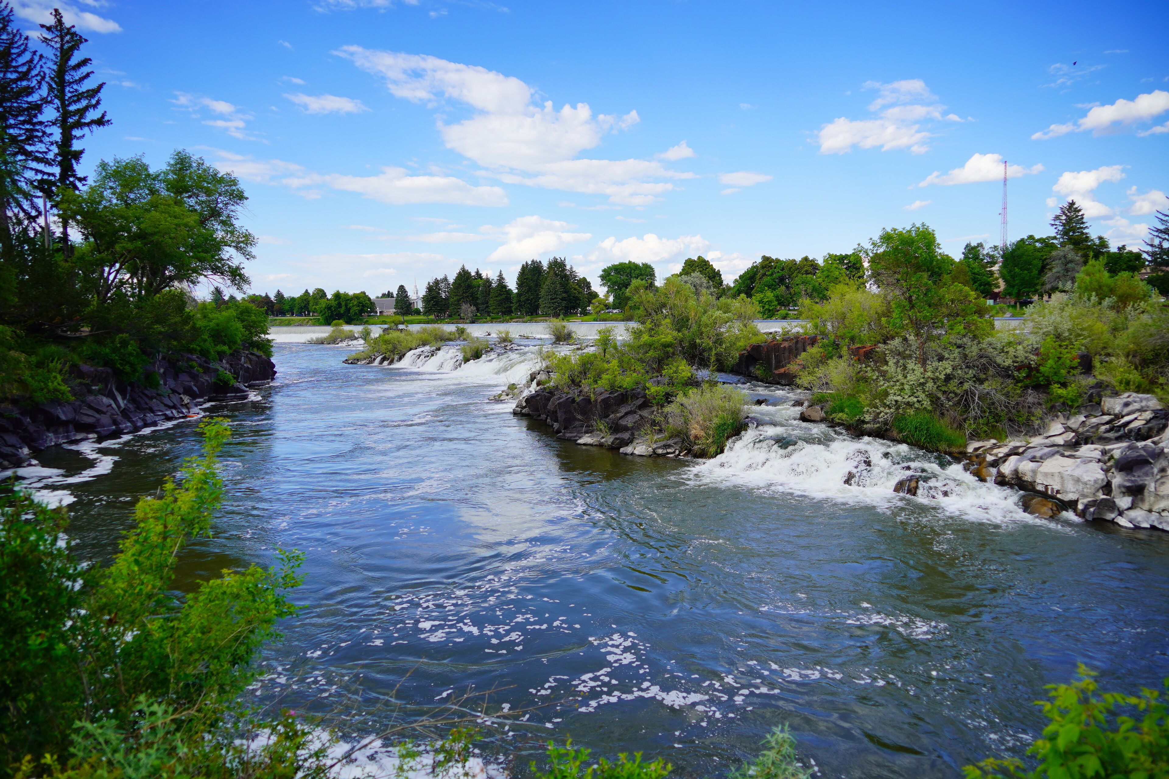 The landscape of city Idaho Falls: Waterfall on the Snake River in central city Idaho Falls	